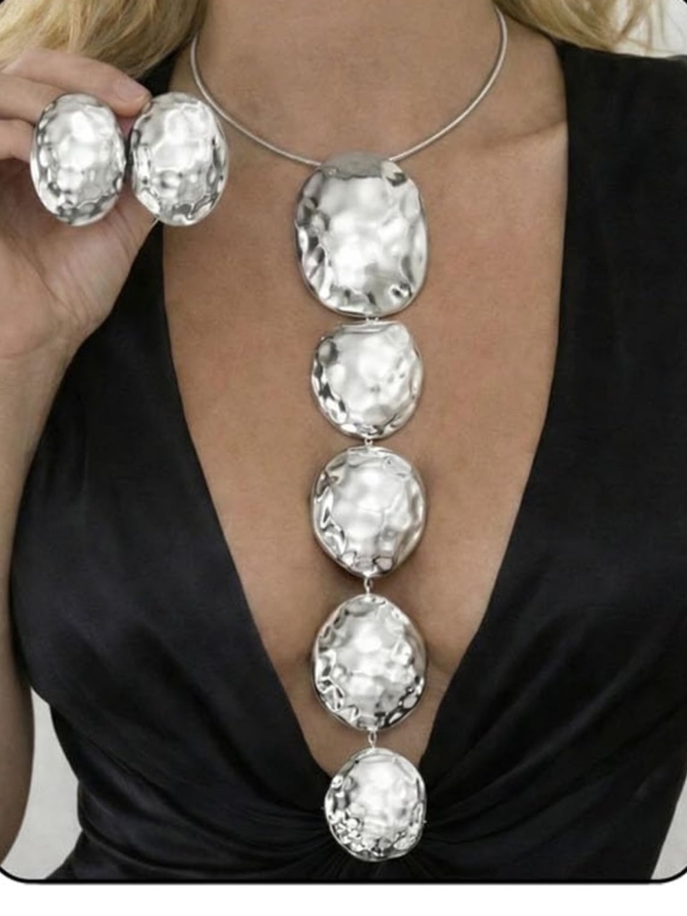 Hammered Silver Statement Pendant Necklace and Earrings Set - Silver